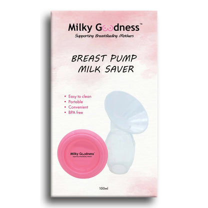 Milky Goodness breast pump milk saver packaging with pink and white design.