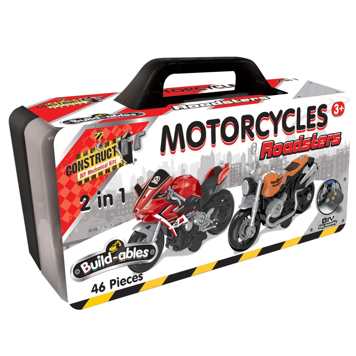 Toy motorcycle set packaging with two motorcycles on a white background