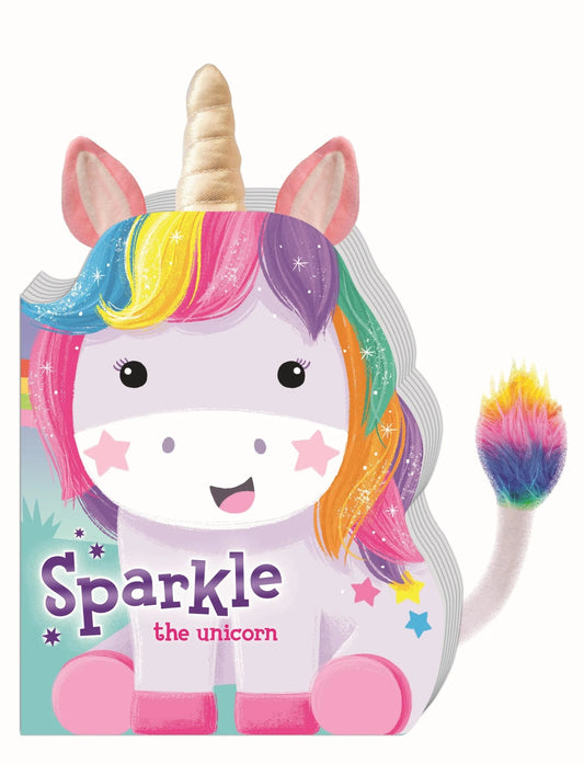 Children's book cover with a colorful unicorn illustration on a white background