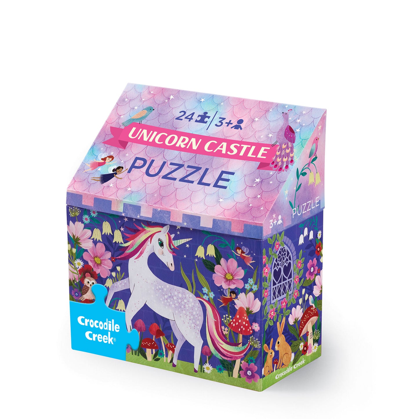 Unicorn castle puzzle box with colorful design on a white background