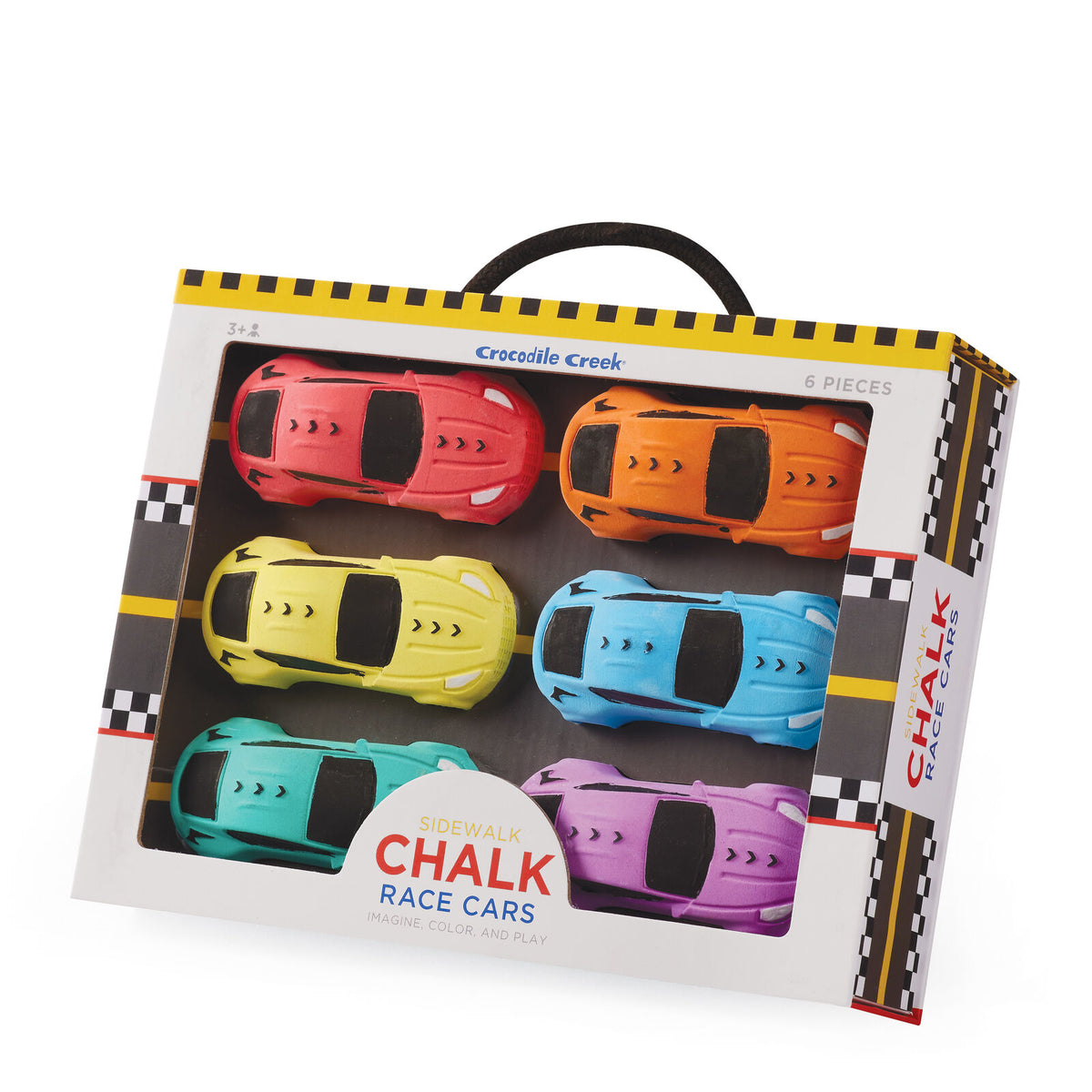 A boxed set of six toy race cars in different bright colors, shown in its retail box with a handle. The packaging reads 'Crocodile Creek' and 'Sidewalk Chalk Race Cars.