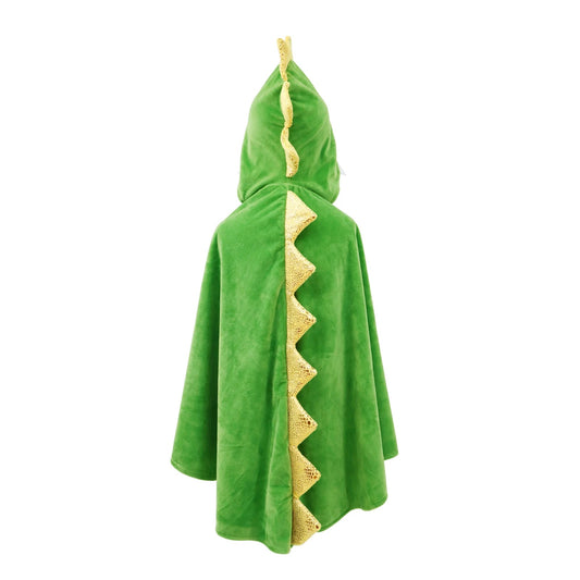 Green hooded cloak with gold trim on a white background