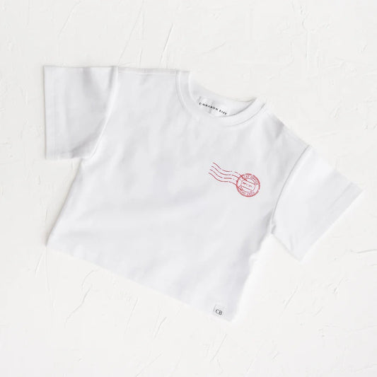 White t-shirt with a red logo on a white background