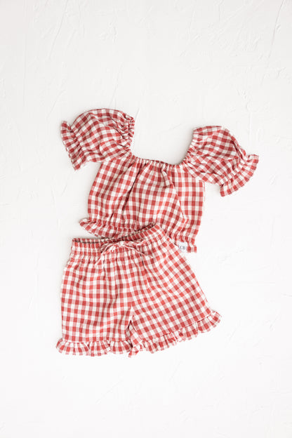 CINNAMON BABY FRILL TOP | CRIMSON GINGHAM
