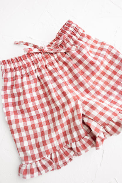 CINNAMON BABY FRILL SHORTS | CRIMSON GINGHAM