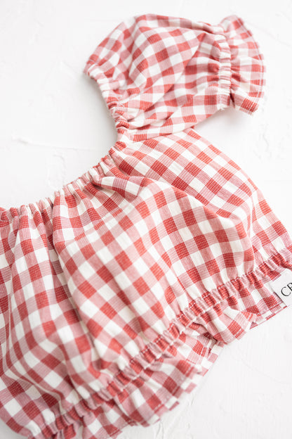 CINNAMON BABY FRILL TOP | CRIMSON GINGHAM