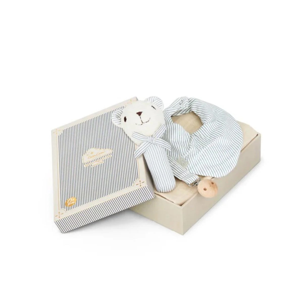 Baby gift set with teddy bear and outfit in a box on a white background