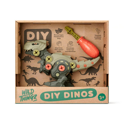Toy dinosaur set in a cardboard box with 'Wild Things Jr.' branding