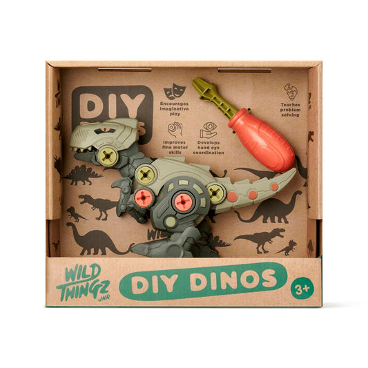 Toy dinosaur set in a cardboard box with 'Wild Things Jr.' branding