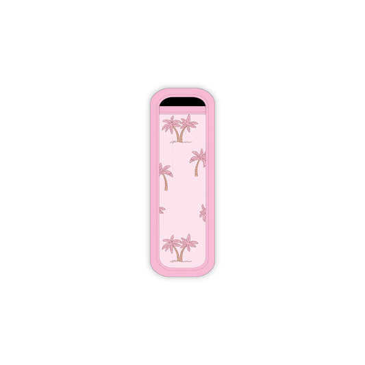 Pink phone case with palm tree design on a white background