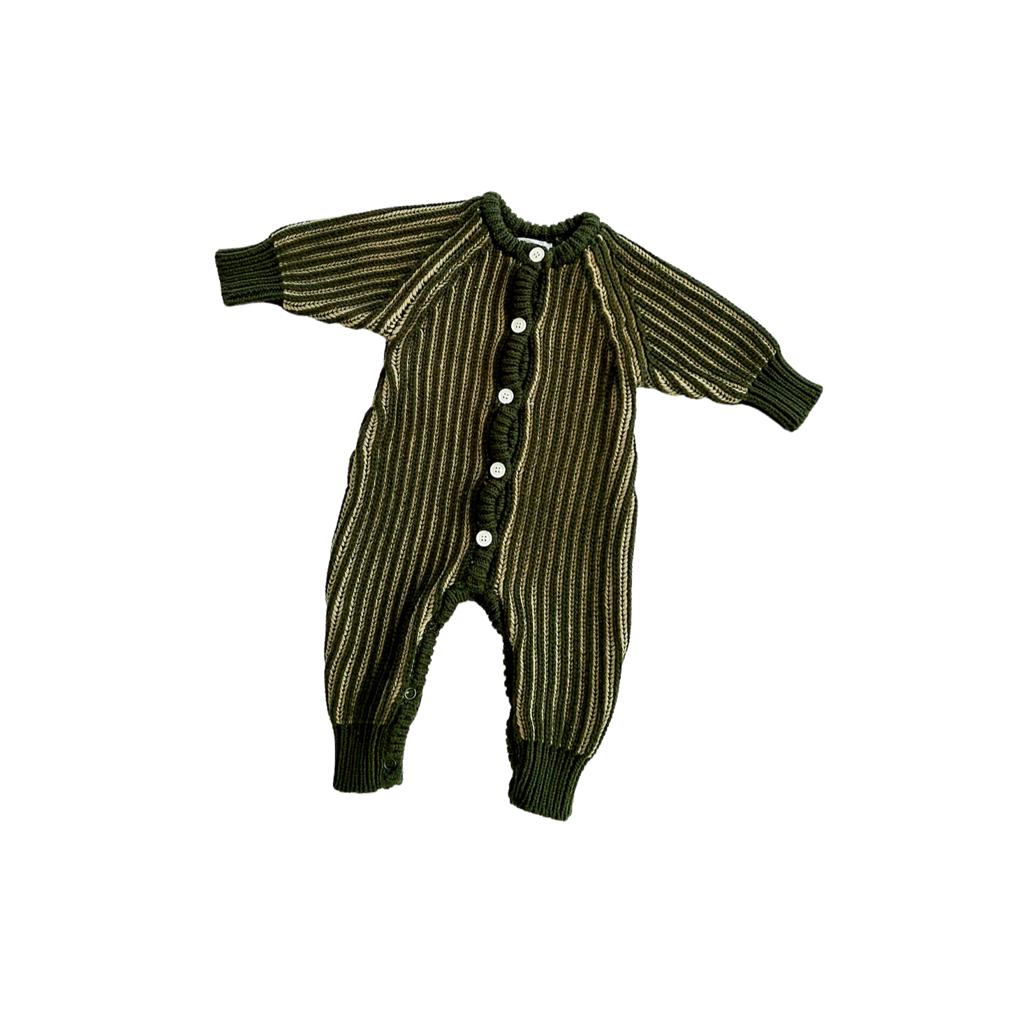 Green striped baby romper on a white background