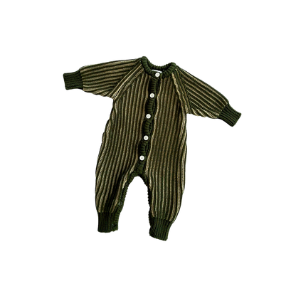Green striped baby romper on a white background