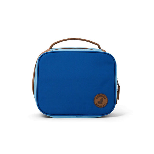 Blue rectangular bag with brown handle and logo on a white background