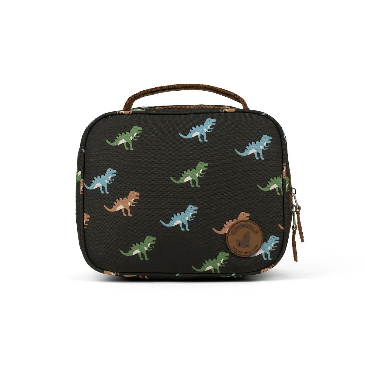 Black lunch bag with dinosaur pattern on a white background