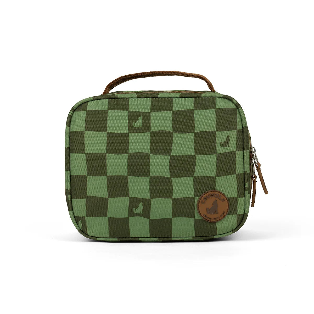 Green checkered bag with a brown handle on a white background