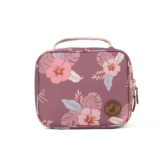 Floral-patterned rectangular bag with a visible brand logo on a white background