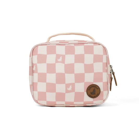 Pink and white checkered bag with a brown leather patch on a white background