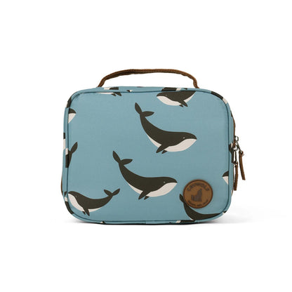 Rectangular blue bag with whale pattern on a white background
