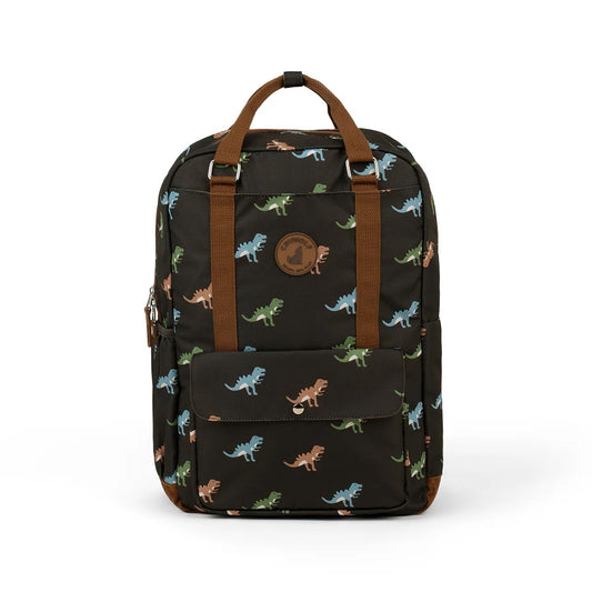 Black backpack with dinosaur pattern on a white background