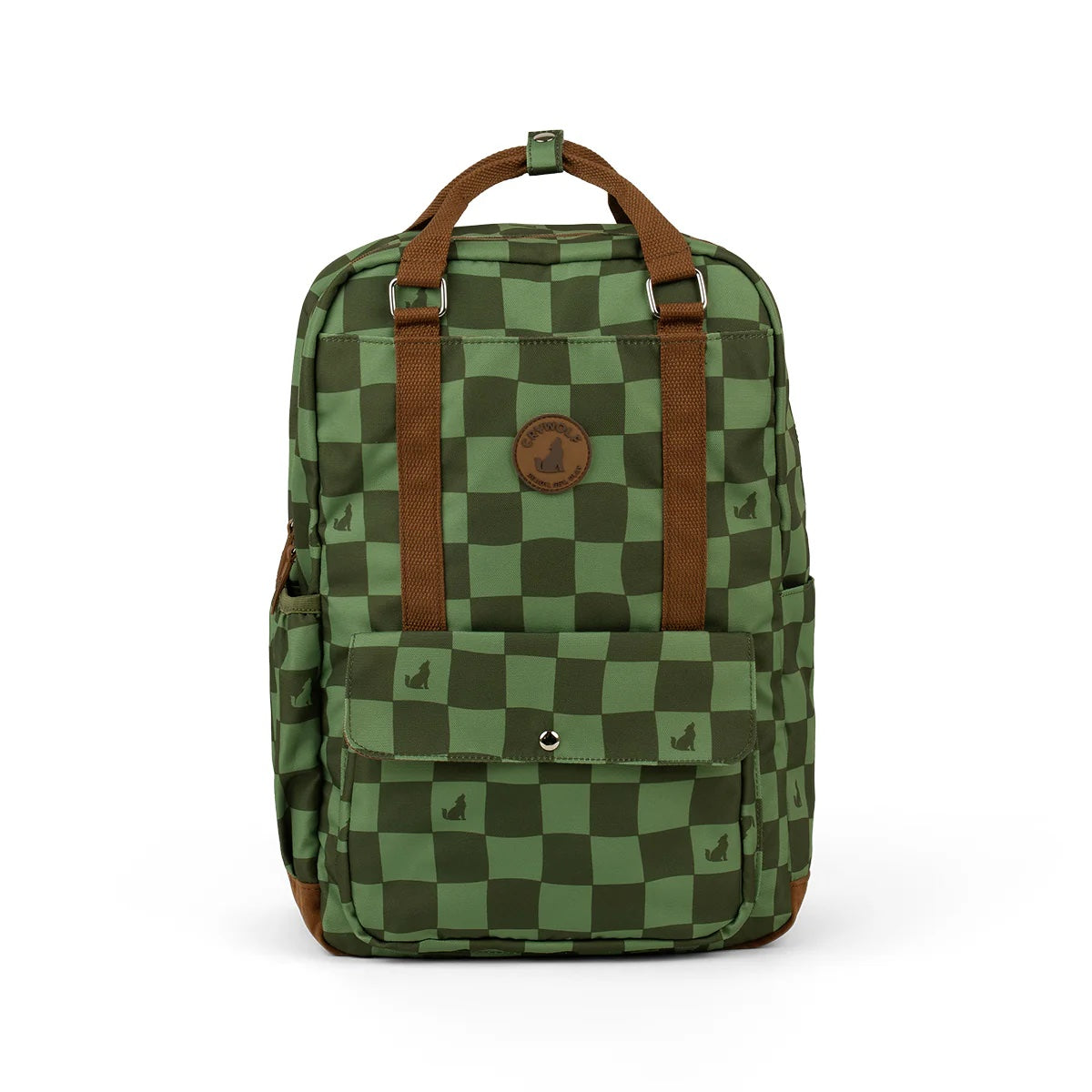 Green checkered backpack with brown straps on a white background