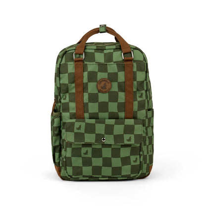 Green checkered backpack with brown straps on a white background