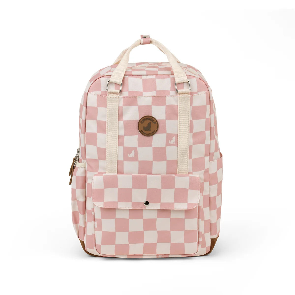 Pink and white checkered backpack with a brand logo on a white background