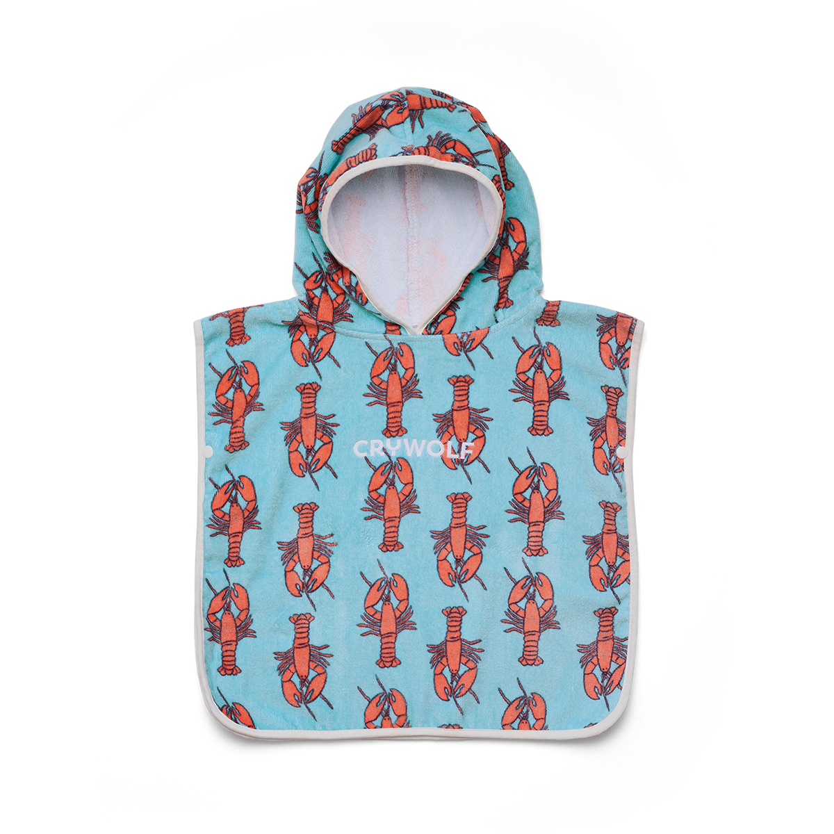 Hooded poncho with lobster pattern on a light blue background