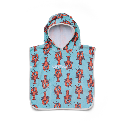 Hooded poncho with lobster pattern on a light blue background