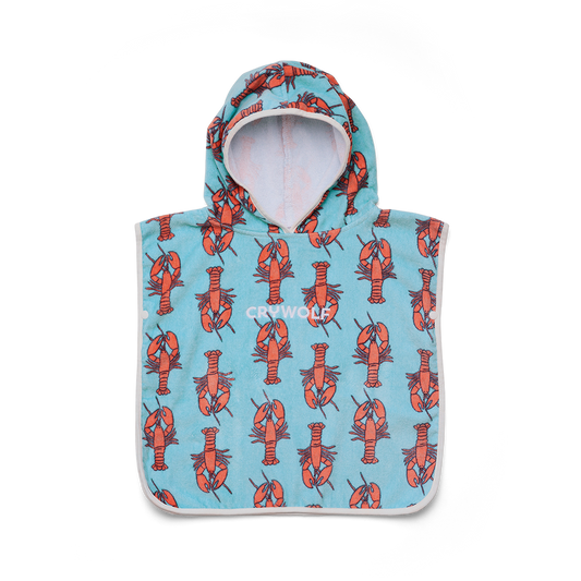 Hooded poncho with lobster pattern on a light blue background