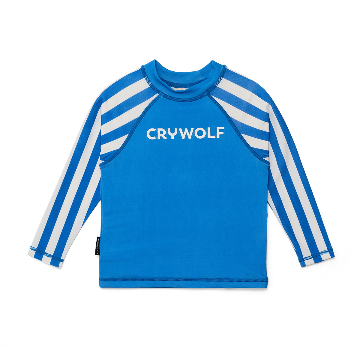 Blue long-sleeve shirt with white stripes and 'CRYWOLF' text on a white background