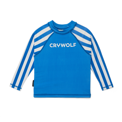 Blue long-sleeve shirt with white stripes and 'CRYWOLF' text on a white background