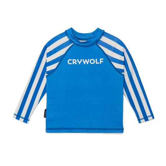 Blue long-sleeve shirt with white stripes and 'CRYWOLF' text on a white background