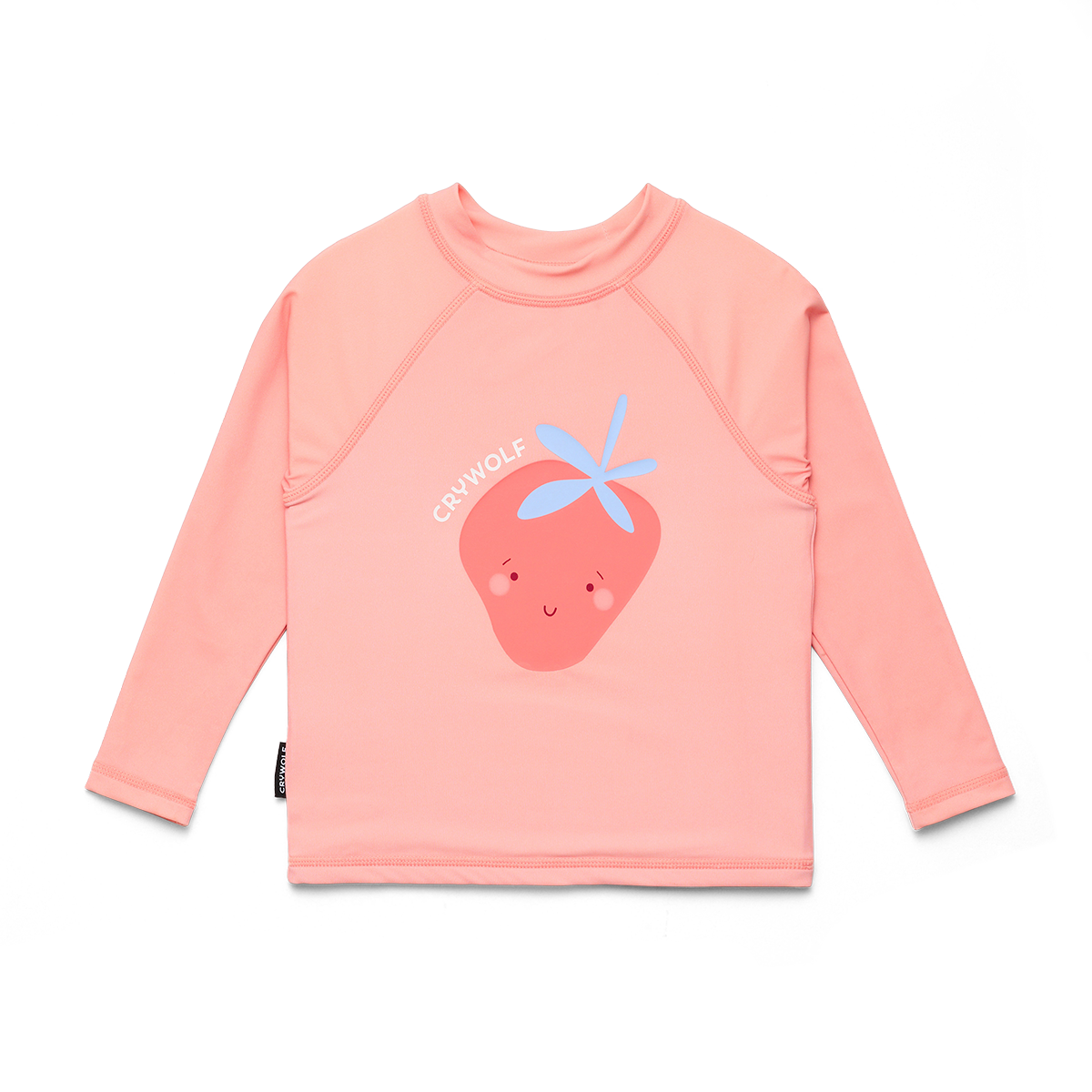 Pink long-sleeve shirt with a strawberry graphic on a white background