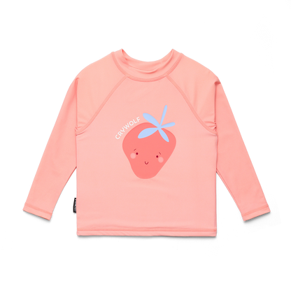 Pink long-sleeve shirt with a strawberry graphic on a white background