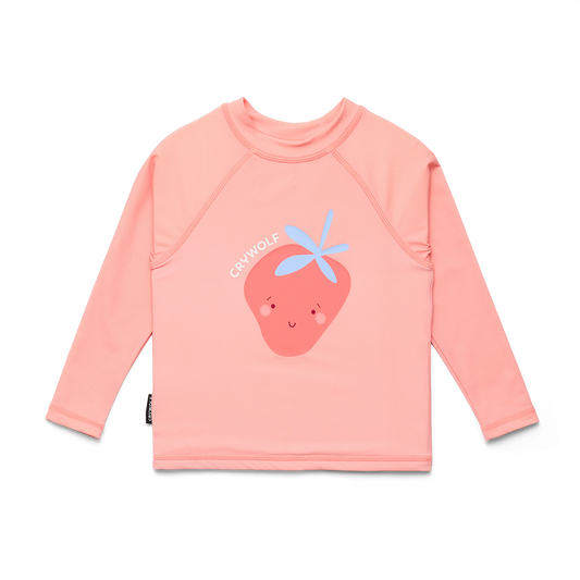 Pink long-sleeve shirt with a strawberry graphic on a white background