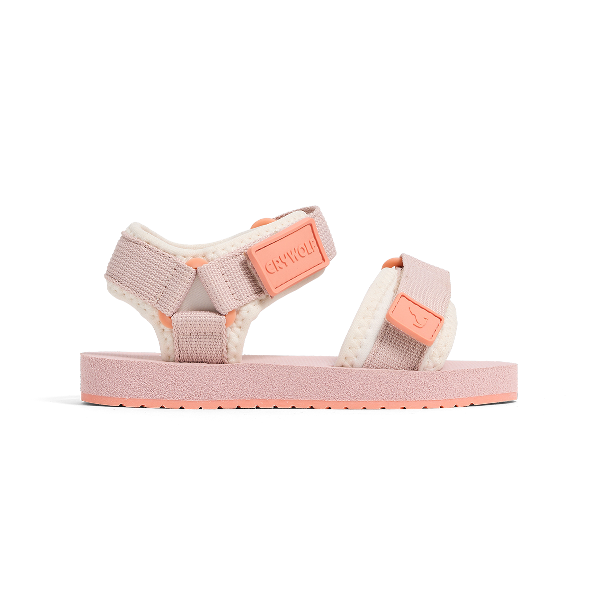Pink and white sandal with a visible brand logo on a white background