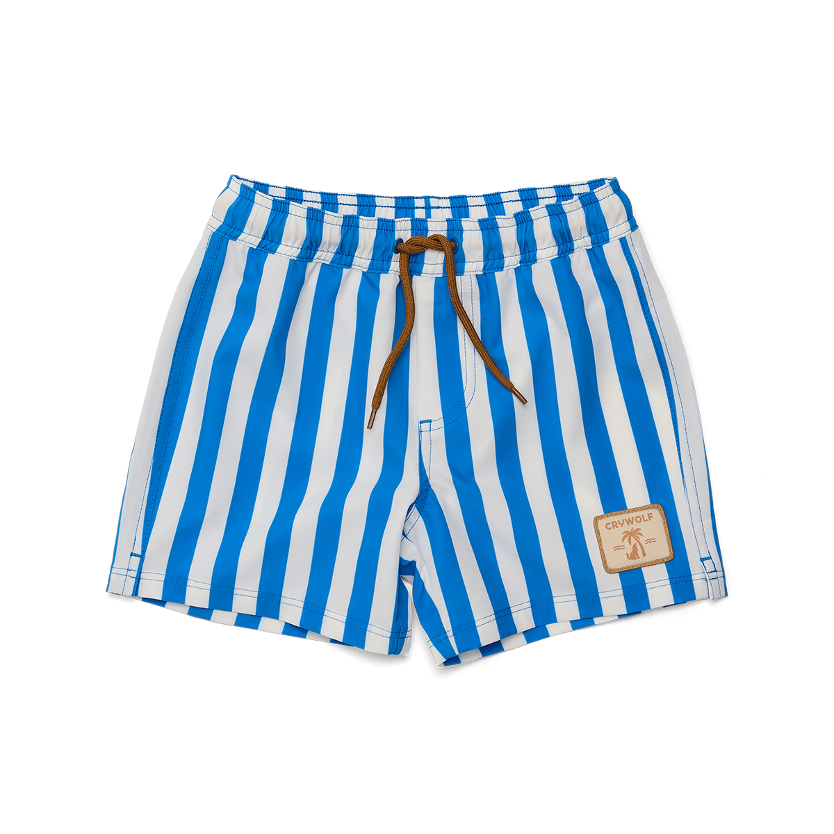 Blue and white striped shorts with a brand label on a white background