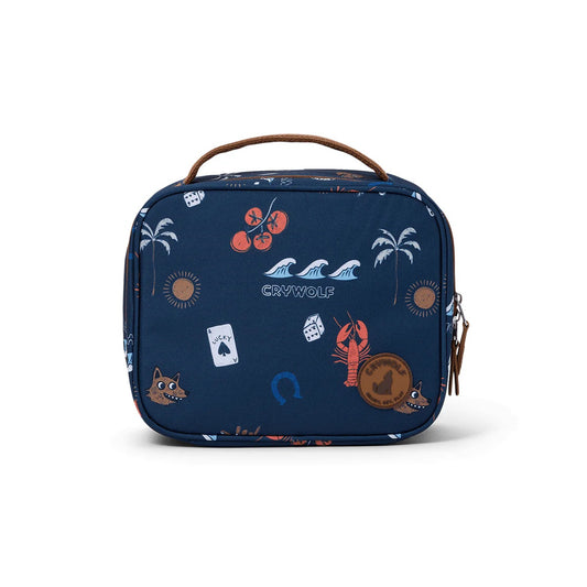 Navy blue bag with colorful patterns on a white background