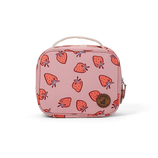 Pink cosmetic bag with strawberry pattern on a white background