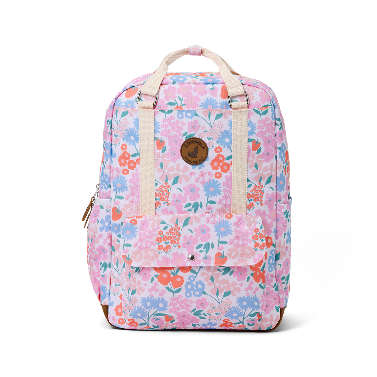 Floral patterned backpack on a white background