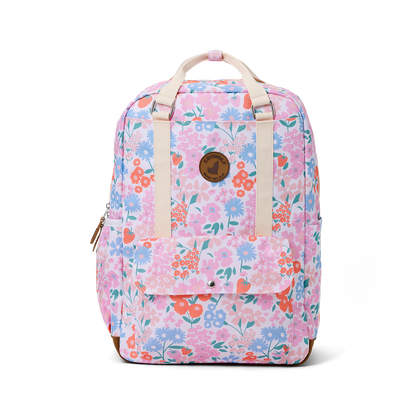 Floral patterned backpack on a white background