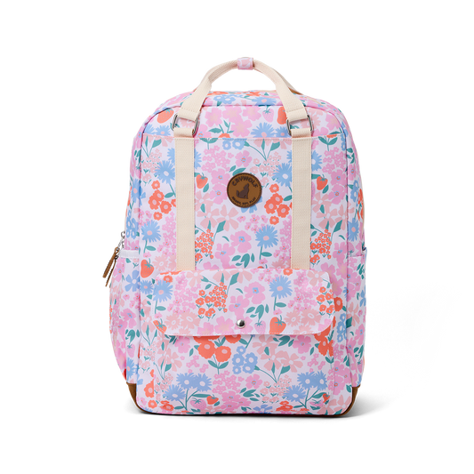 Floral patterned backpack on a white background