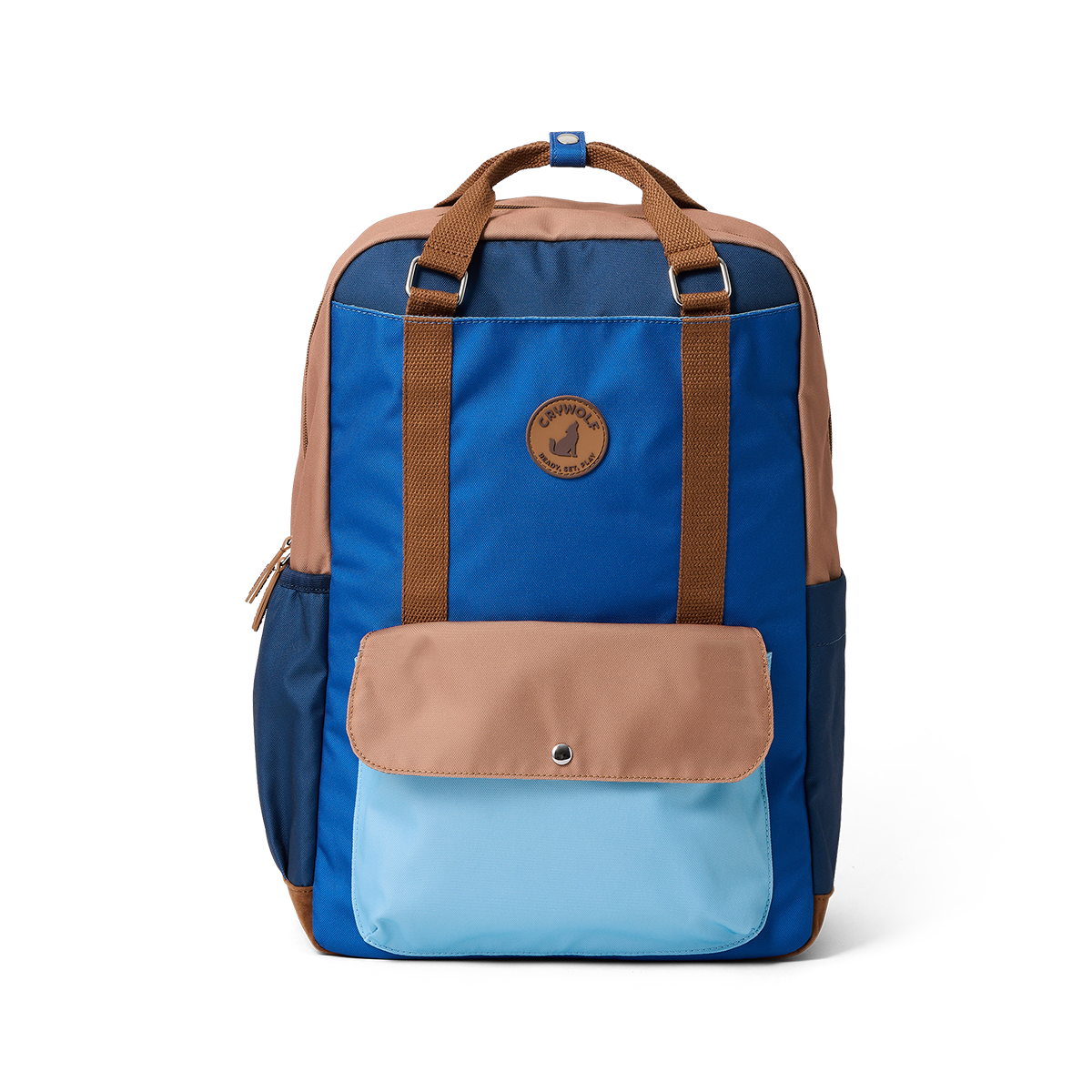 Blue and brown backpack with a visible brand logo on a white background