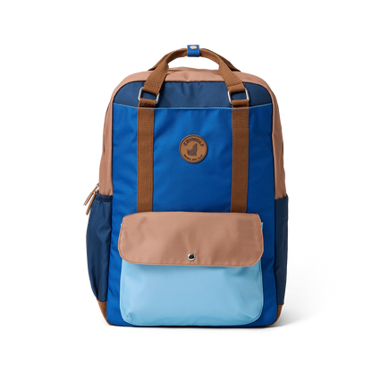 Blue and brown backpack with a visible brand logo on a white background