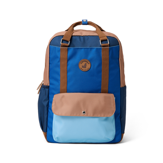 Blue and brown backpack with a visible brand logo on a white background