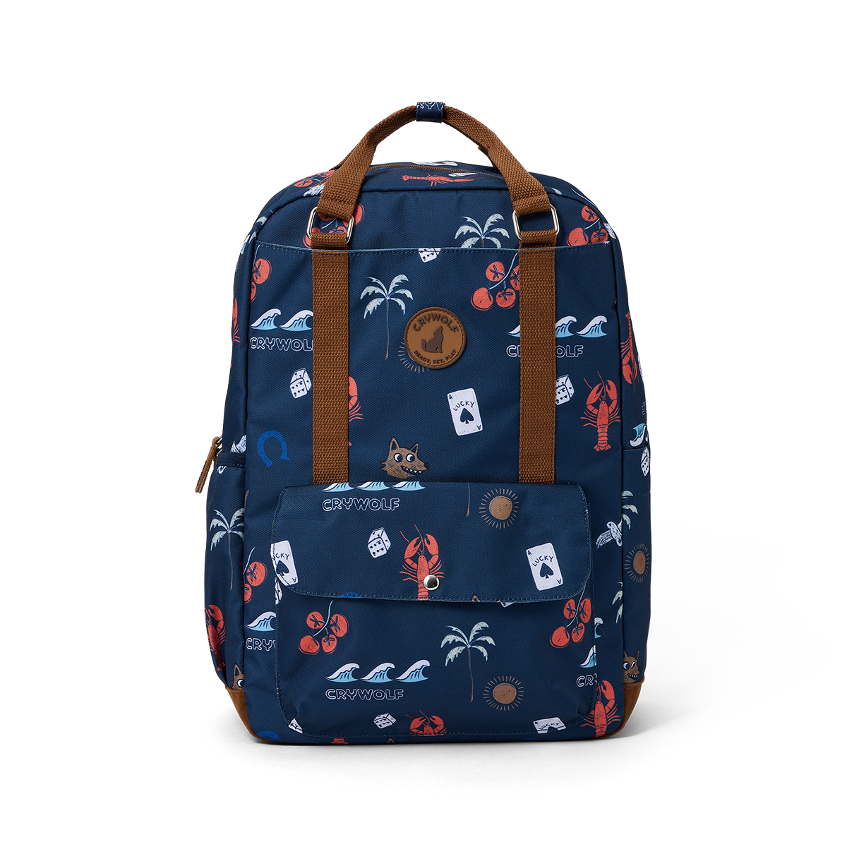 Navy blue backpack with colorful patterns on a white background