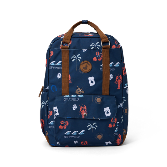 Navy blue backpack with colorful patterns on a white background