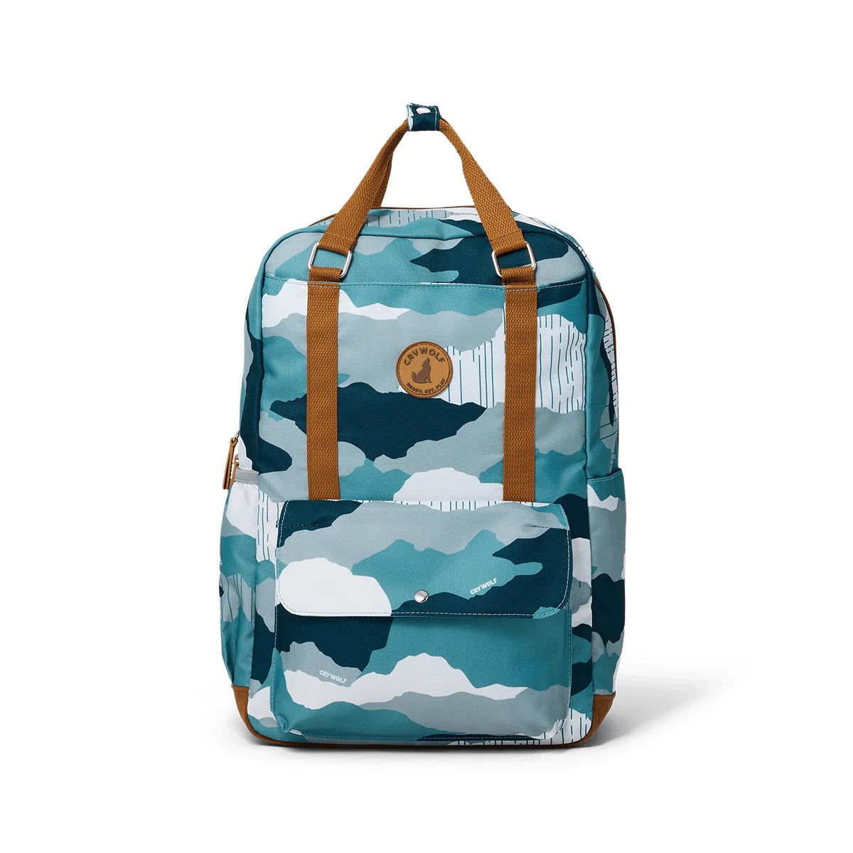 Camouflage-patterned backpack with brown straps on a white background