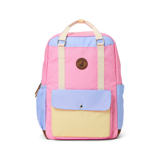 Multicolored backpack with a visible brand logo on a white background