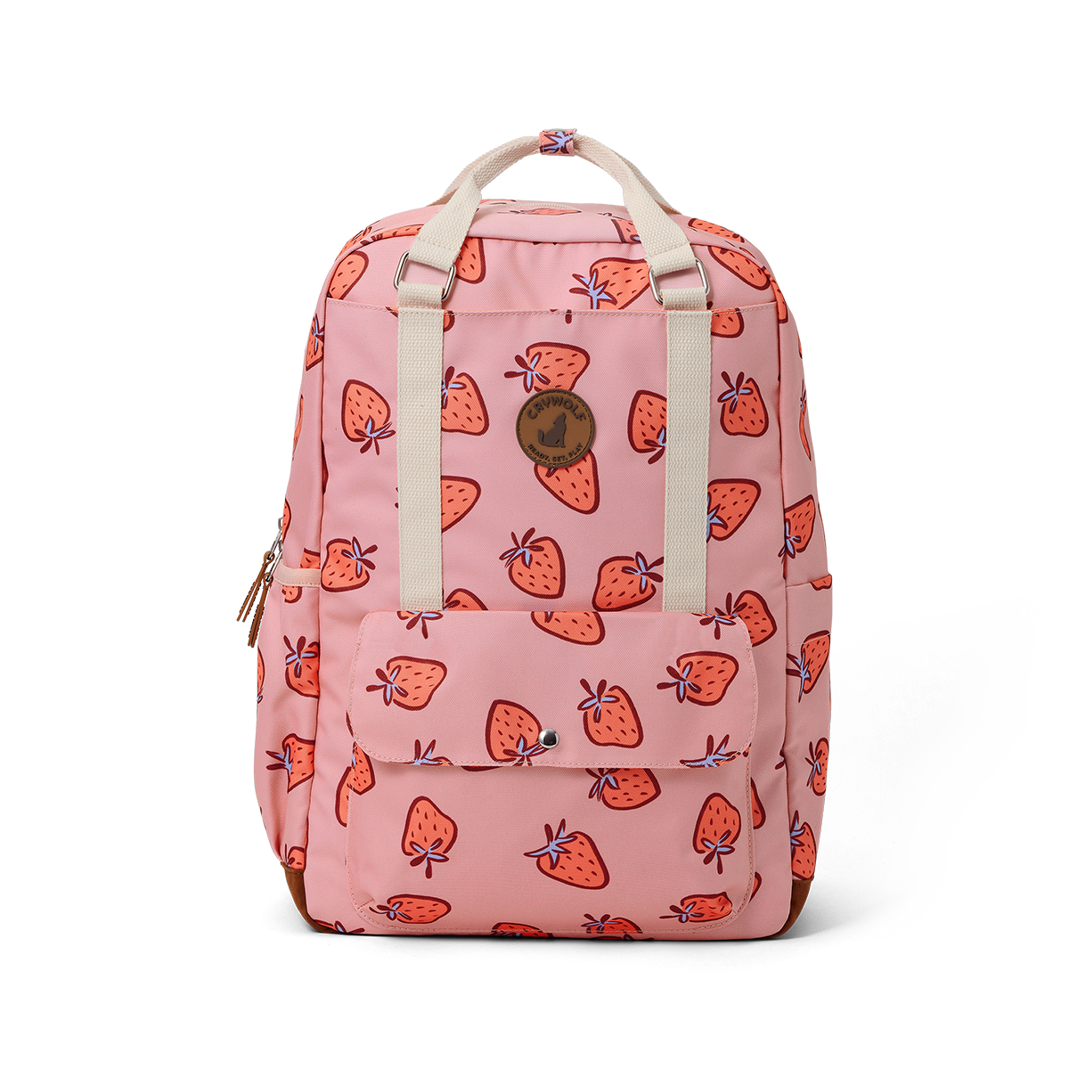 Pink backpack with strawberry pattern on a white background